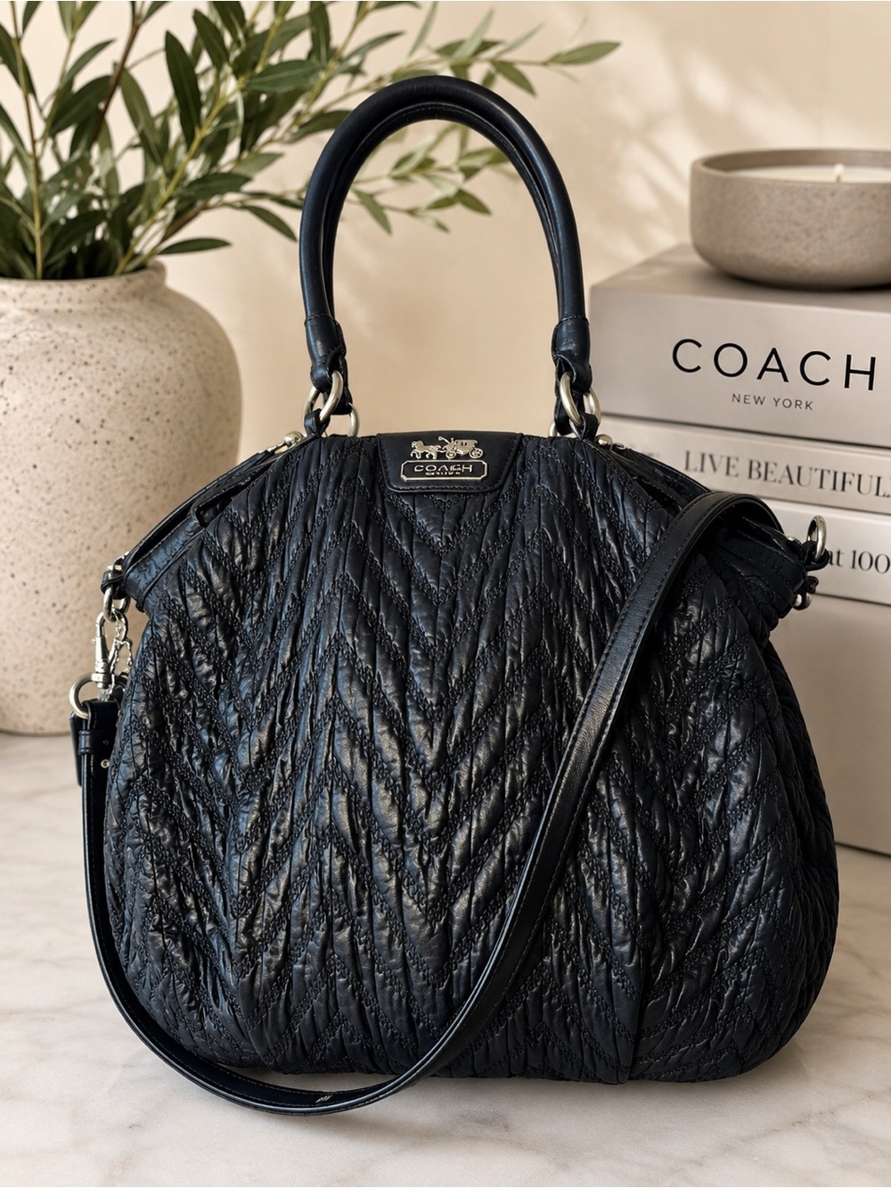 70th Anniversary | Coach Madison Quilted Chevron Nylon Large Lindsey Black